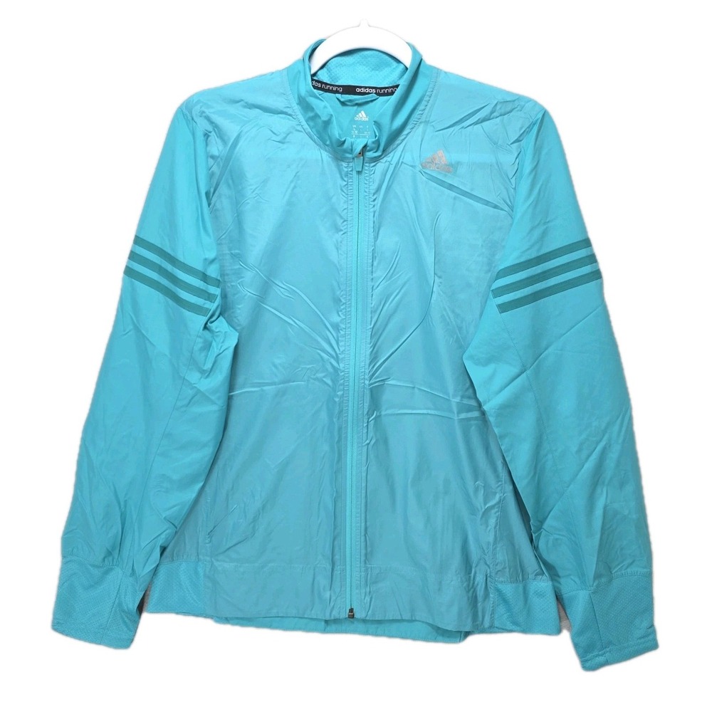 Adidas Running Climaproof Windbreaker Jacket Women L Zip Reflective Ripstop Blue